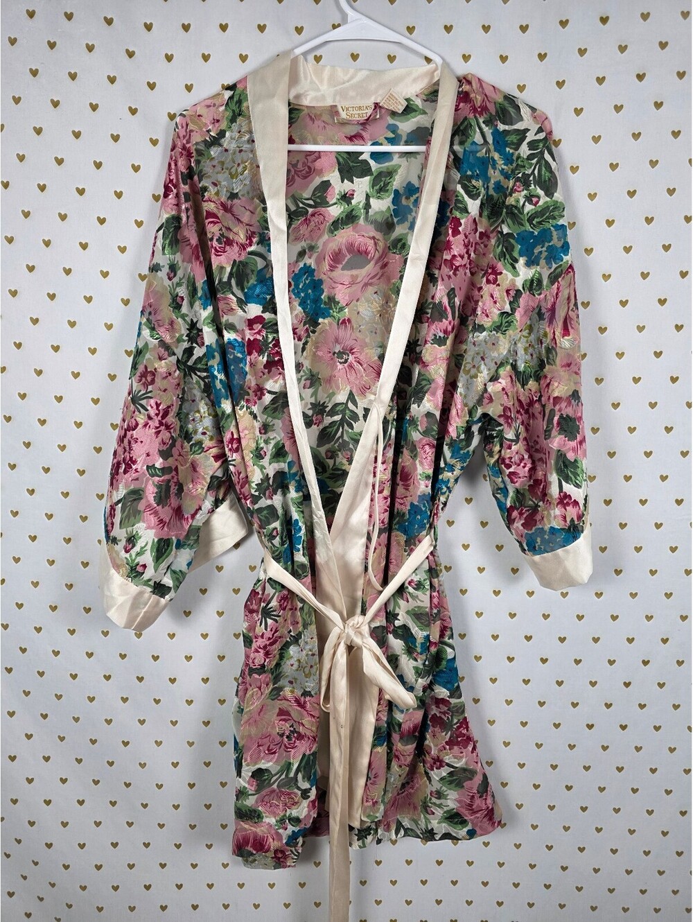 Vintage Victoria's Secret Floral Sheer Satin Trim Robe Kimono One Size